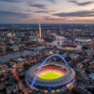 Un'immagine volutamente esagerata che fa capire la passione di Londra per il calcio. Generata da IA
