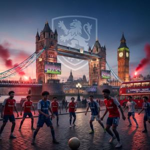 Un'altra immagine volutamente esagerata che lascia intendere la passione di Londra per il calcio. Generata da IA.
